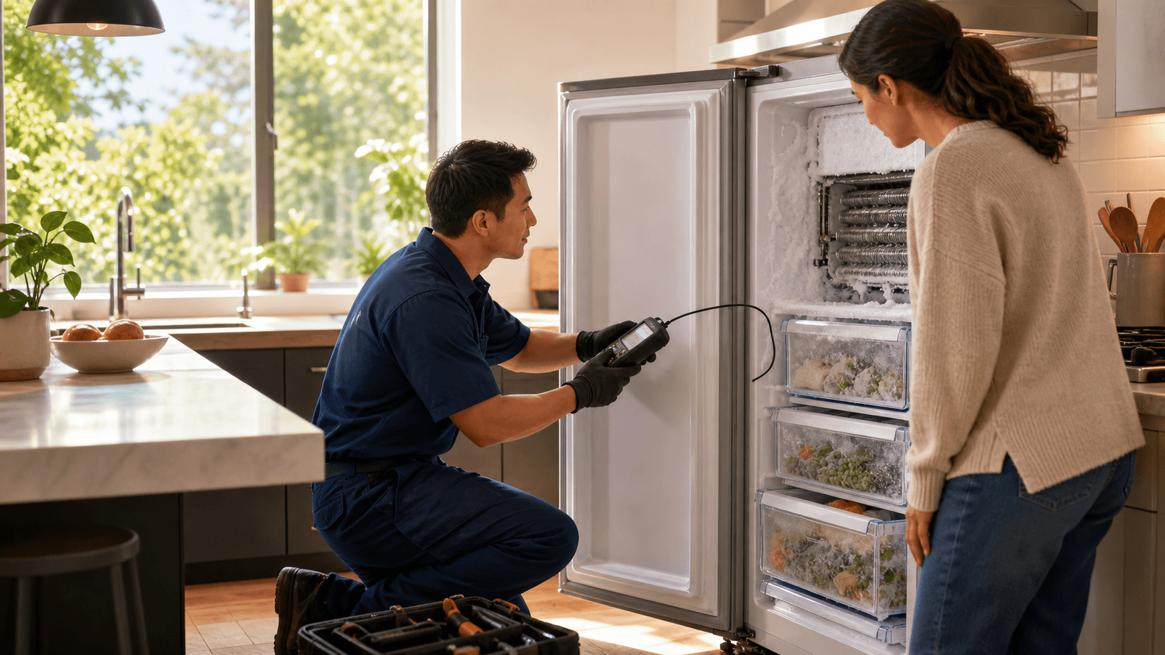 Open freezer with frosted shelves and thawing food, lit by cool blue kitchen light.