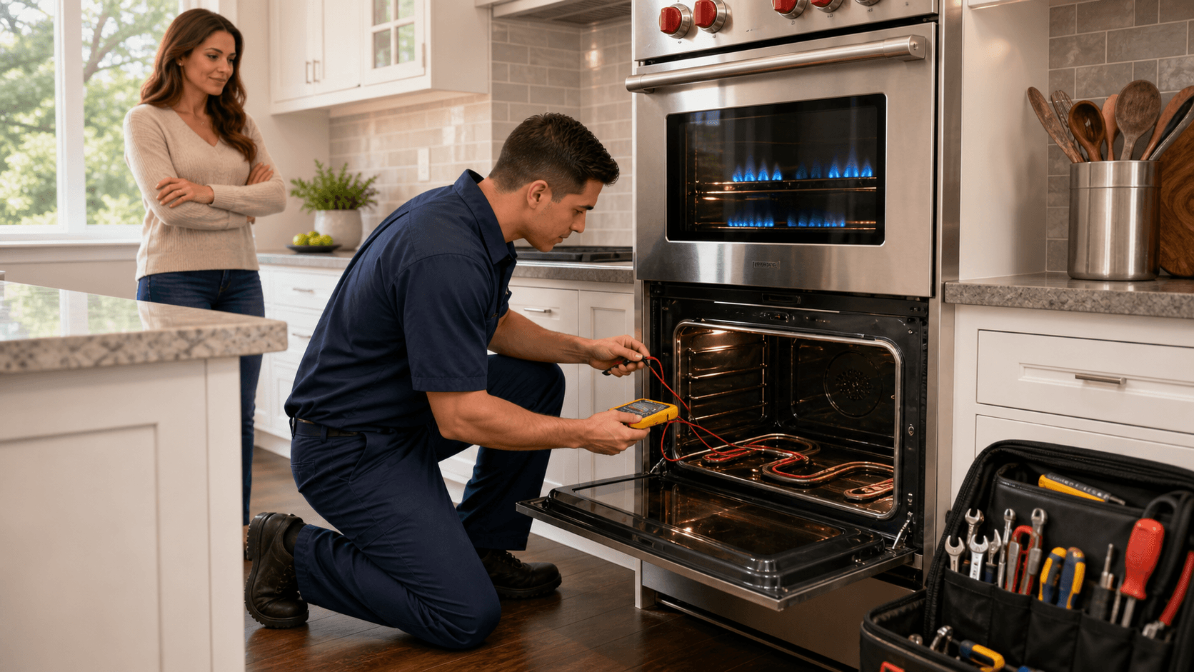 Split view of a stainless steel gas oven flame and an electric oven heating element in a modern kitchen.